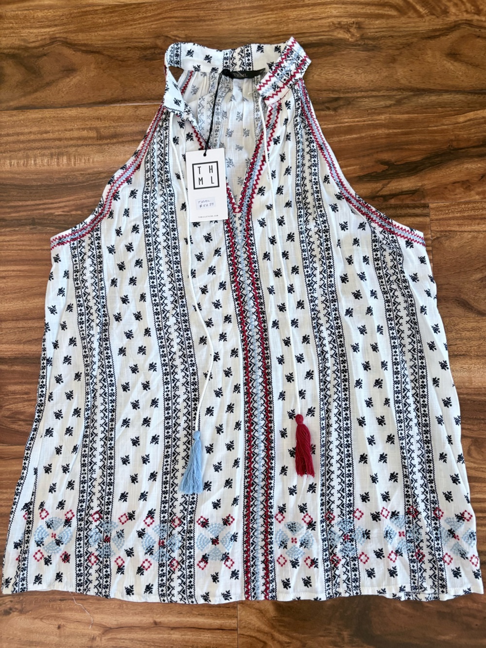 NWT THML Embroidered White Tassled Halter Top Size Medium M July 4th Shirt
